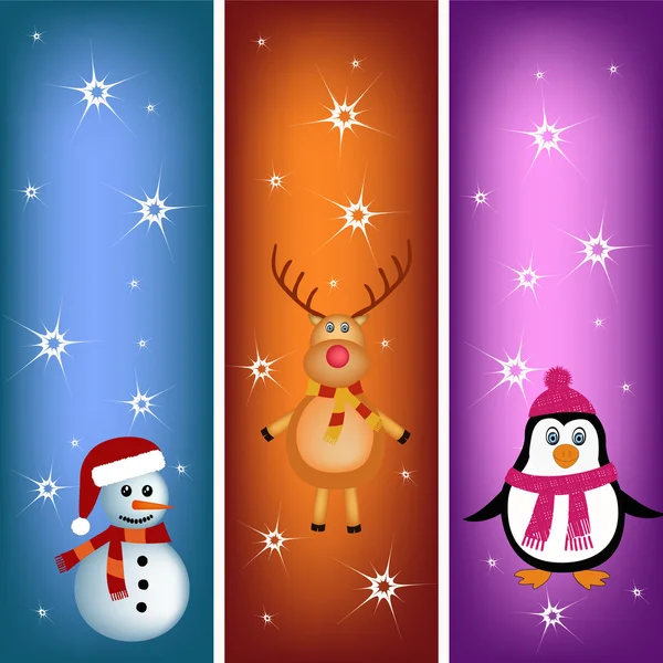 Penguin, reindeer and snowman bookmark — Stock Vector