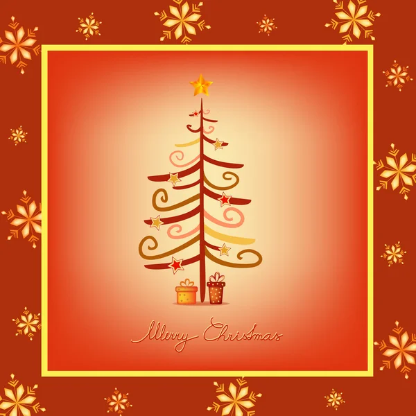 Árbol de Navidad naranja rojo con tarjetas postales de regalos — Vector de stock