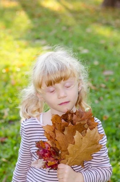 Blondes Mädchen mit Herbstblättern — Stockfoto