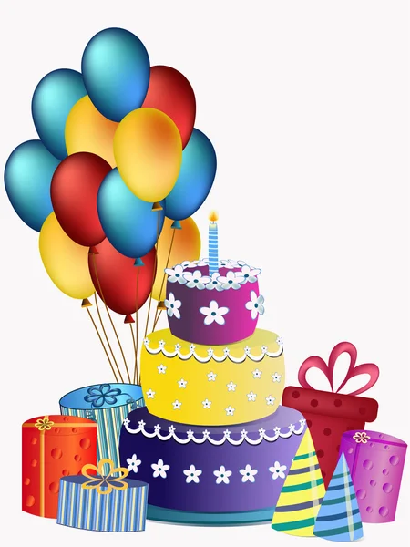 Bolo de aniversário feliz, balões e presentes — Vetor de Stock