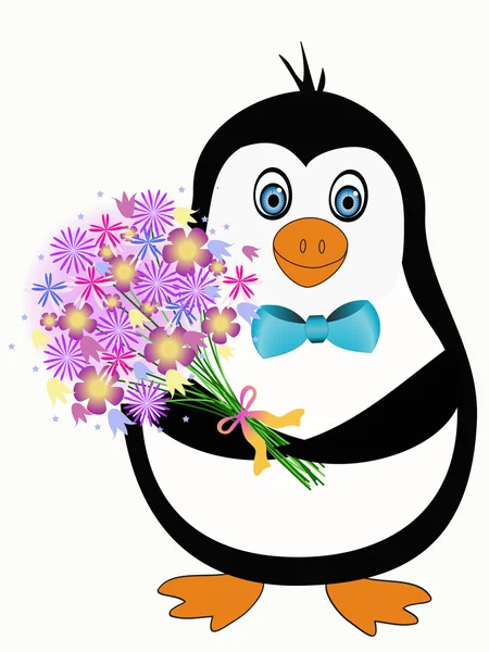 Penguin with flowers — Stock Vector