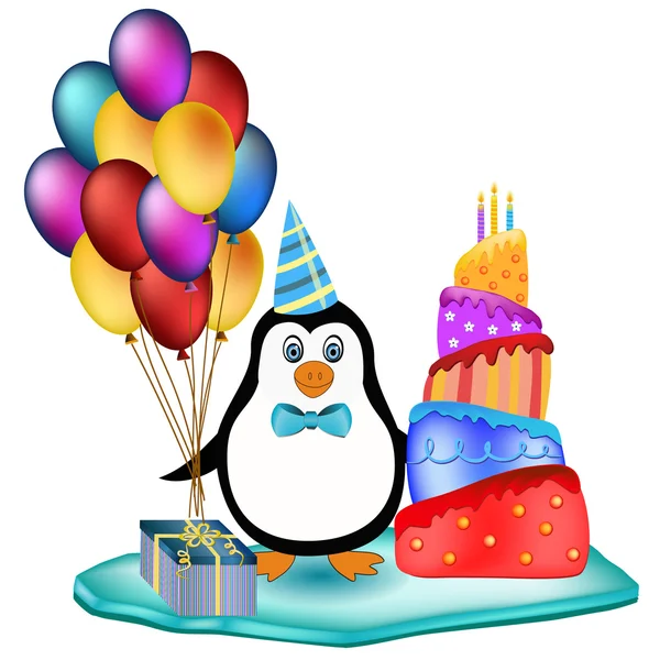 Penguin with cake, balloons and cake — Stock Vector