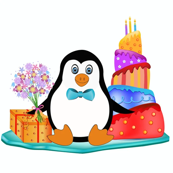 ケーキ、花プレゼントとペンギン — ストックベクタ