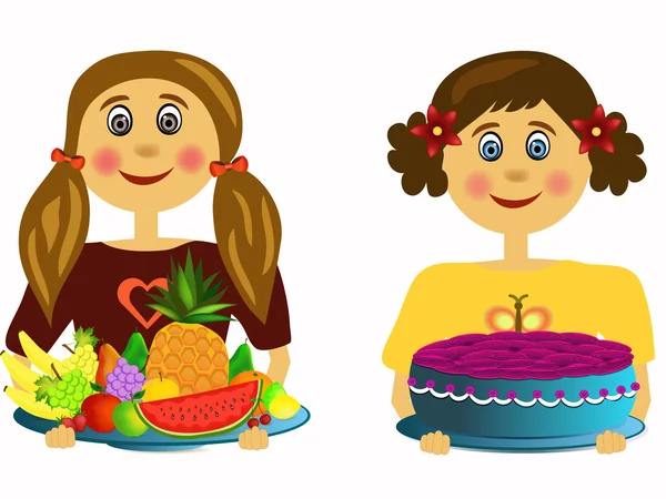 Menina com frutas e menina com bolo — Vetor de Stock