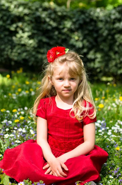 Blond girl sitting in meadow — Stock Photo, Image