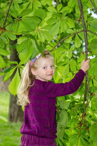 Hermosa chica rubia con árbol verde —  Fotos de Stock