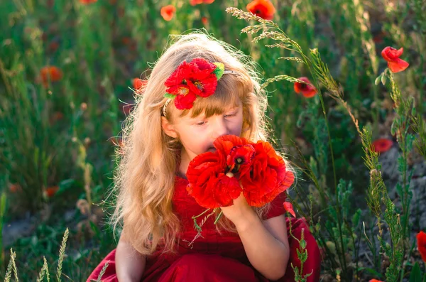 Krásné blonďaté dítě s makovými květy — Stock fotografie