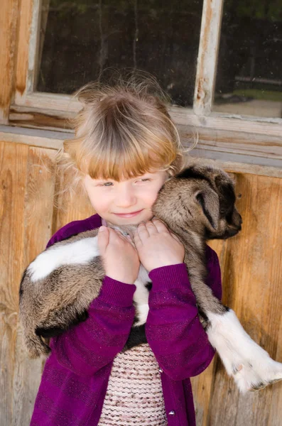 Kız holding keçi — Stok fotoğraf