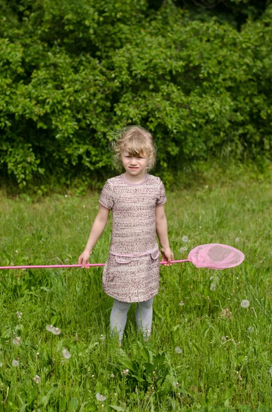 Girl with net for butterflies — Stock Photo, Image