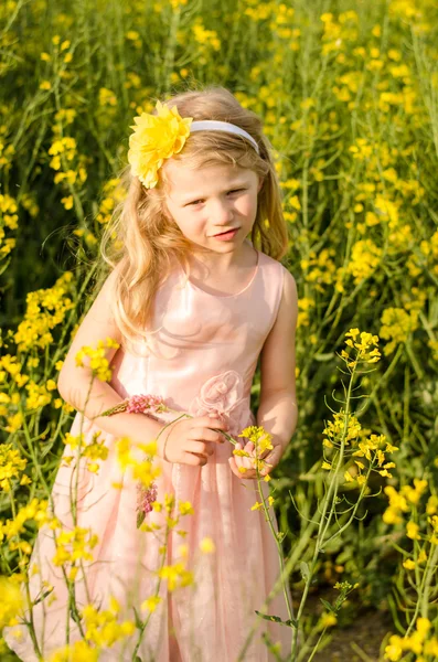 Girl in yellow flowers — Stock Photo, Image
