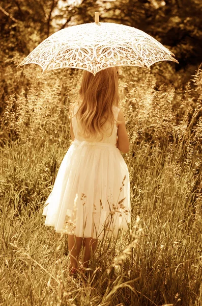 Girl with sunshade umbrella back view — Stock Photo, Image