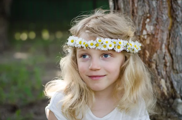 Sorrindo menina loira com grandes olhos azuis e com margaridas na cabeça — Fotografia de Stock
