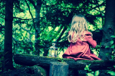 blond girl with lantern sitting in forrest