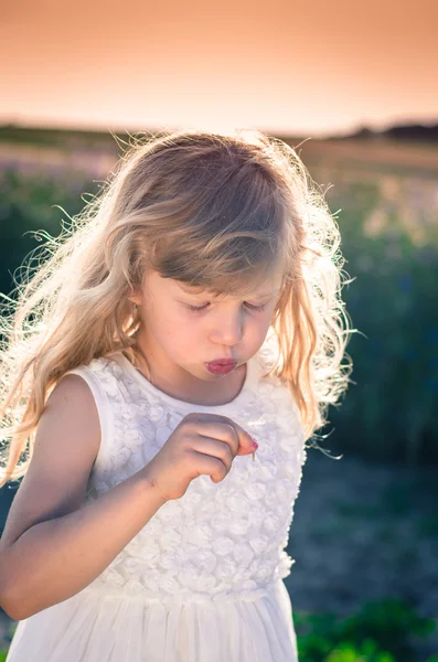 Bella ragazza che soffia dente di leone — Foto Stock