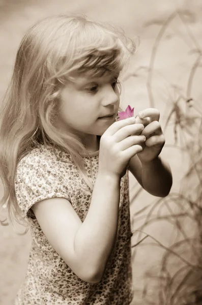 Adorable blond girl smelling pink flower — 图库照片