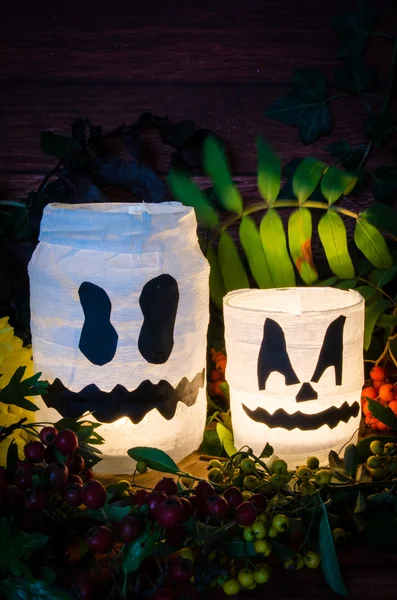 Illuminated halloween pumpkin jar decoration — Stock Photo, Image