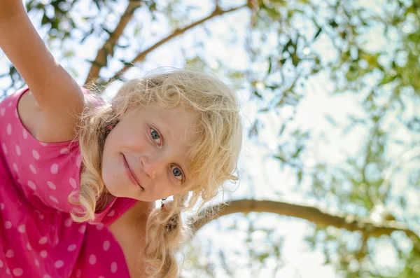 Girl in the tree top — Stock Photo, Image