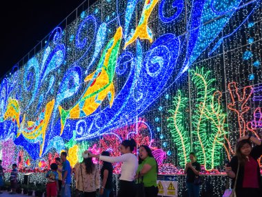 Bangkok, Tayland - Ocak 8,2016: Belediye Binası önünde üç boyutlu ışık sergi vatandaşların ve turistlerin, Bangkok şehir, Tayland için hükümetin yeni yıl hediye olarak parlak parlaklık.