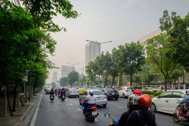 Bangkok, Tayland - 20 Ocak 2020: 2,5 Başbakan 'dan Sis Şehri. Kötü hava kirliliğine sahip şehir manzarası, Başbakan 2.5 konsept fotoğrafı