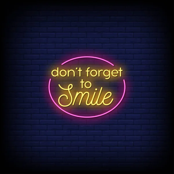 Olvides Sonreír Neon Signs Style Text Vector — Vector de stock