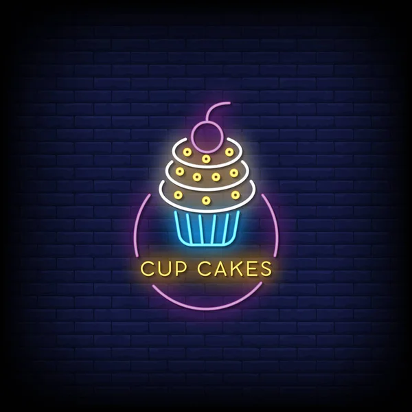 Cup Cakes Neon Sign Dark Brick Wall Background — Stock Vector