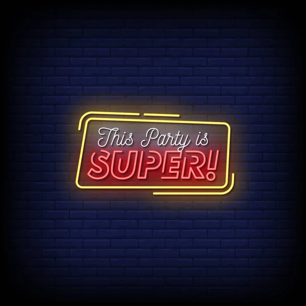 Party Super Neon Sign Dark Brick Wall Background — Stock Vector
