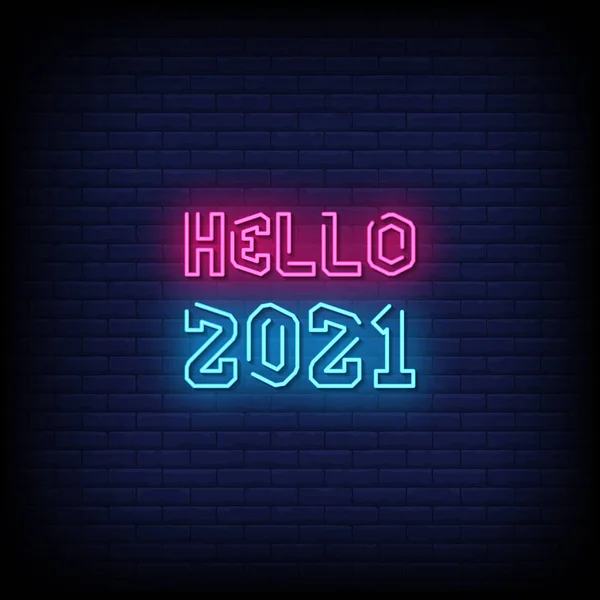 Hello 2021 Neon Sign Sötét Tégla Fal Háttér — Stock Vector