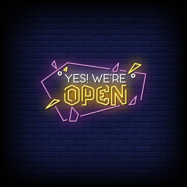 Nyitottak Vagyunk Neon Sign Sötét Téglafal Háttér — Stock Vector