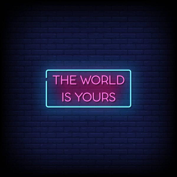 Мир Yours Neon Sign на темном фоне стены брик