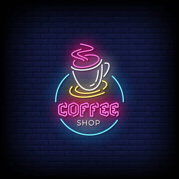 Coffee Shop Neon Sign Dark Brick Wall Background — Stock Vector