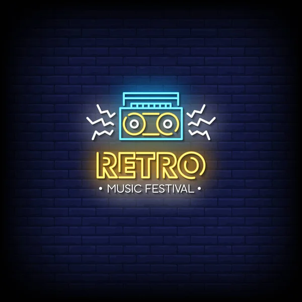 Festival Música Retro Neon Assine Fundo Parede Tijolo Escuro — Vetor de Stock