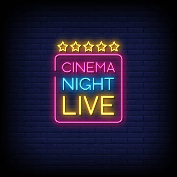 Kino Noc Żywo Neon Zarejestruj Się Tle Ciemnej Cegły Ściany — Wektor stockowy
