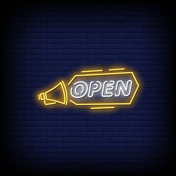 Otevřít Neonové Znamení Pozadí Tmavé Cihlové Zdi — Stockový vektor