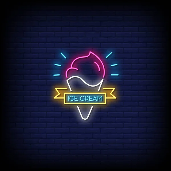 Ice Cream Neon Sign Dark Brick Wall Background — Stock Vector