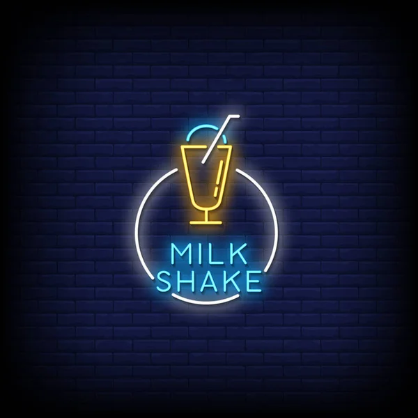 Milk Shake Neon Assine Fundo Parede Tijolo Escuro — Vetor de Stock