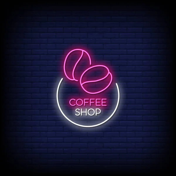 Coffee Shop Neon Sign Dark Brick Wall Background — Stock Vector