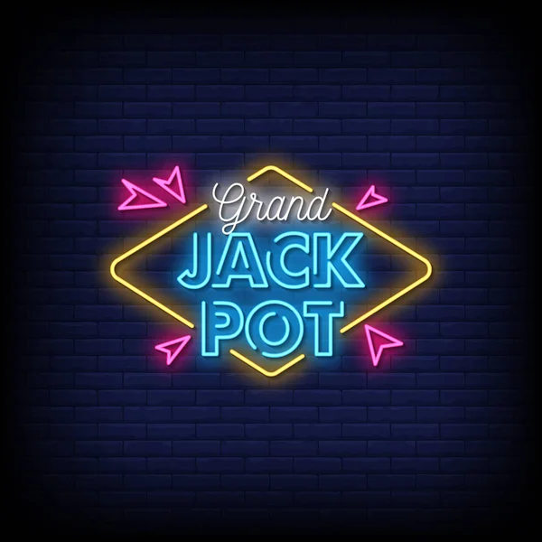 Grand Jack Pot Neon Sign Dark Brick Wall Background — Stock Vector