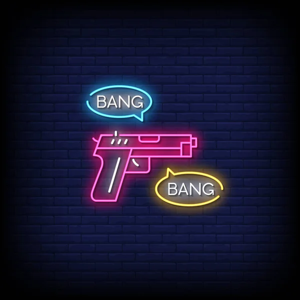 Gun Bang Bang Inscription Neon Sign Dark Brick Wall Background — Stock Vector