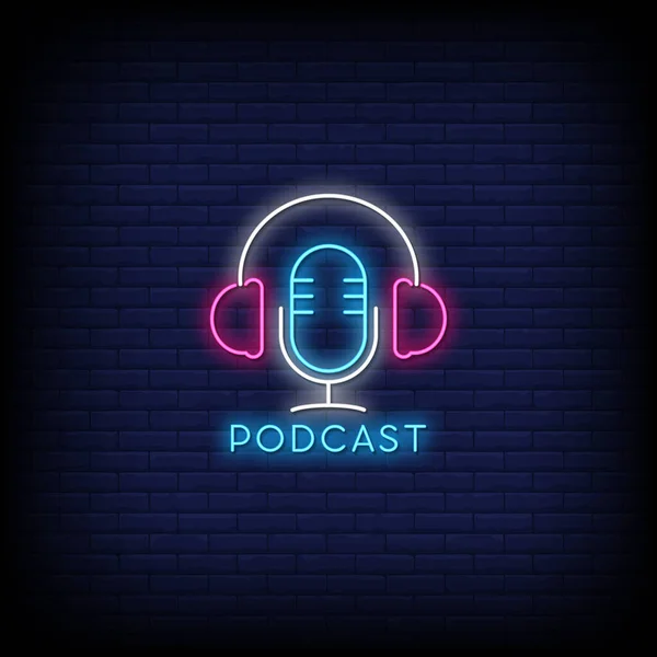 Podcast Letras Neón Pared Ladrillo Azul Oscuro — Vector de stock