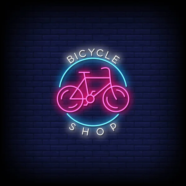 Bicykl Shop Neonové Písmo Tmavě Modré Cihlové Zdi — Stockový vektor