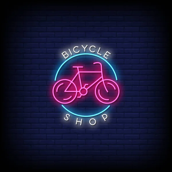 Tienda Bicicletas Letras Neón Pared Ladrillo Azul Oscuro — Vector de stock