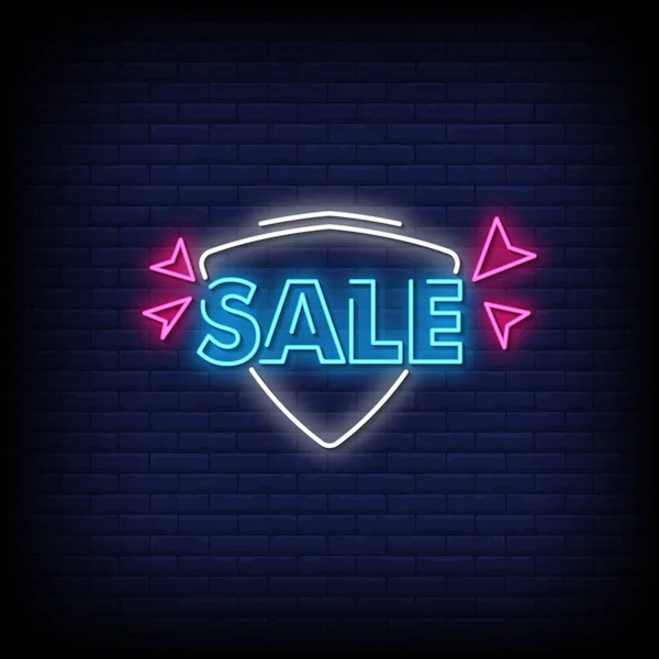 Sale Neon Lettering Dark Blue Brick Wall — Stock Vector