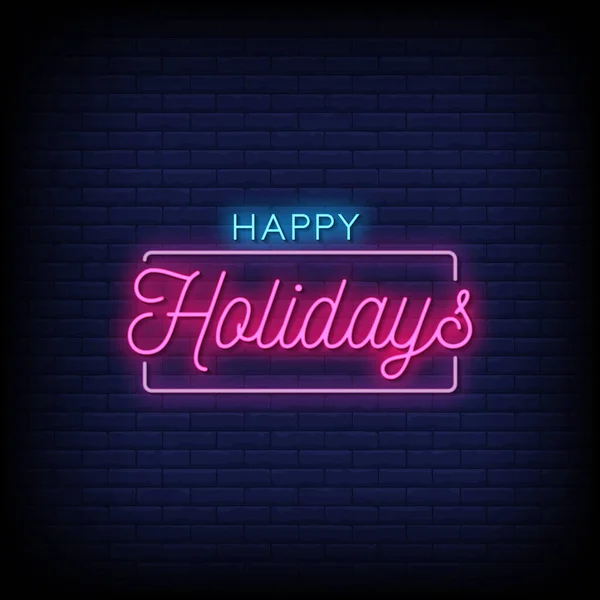 Happy Holidays Neon Lettering Dark Blue Brick Wall — Stock Vector