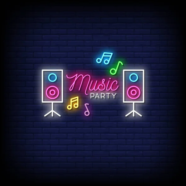 Musik Party Neon Schriftzug Auf Dunkelblauer Ziegelwand — Stockvektor