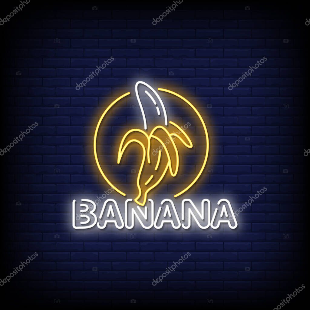 Banana neon lettering on dark blue brick wall