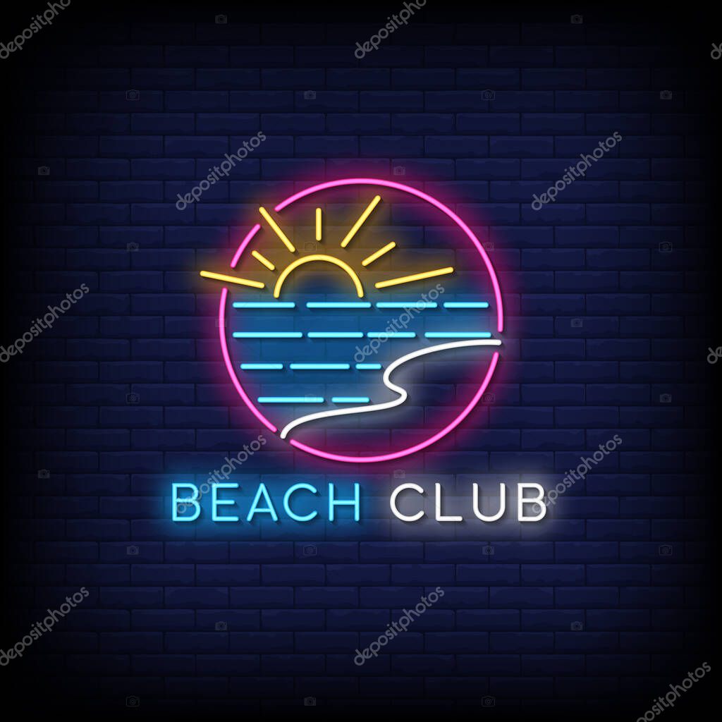 Beach club neon lettering on dark blue brick wall