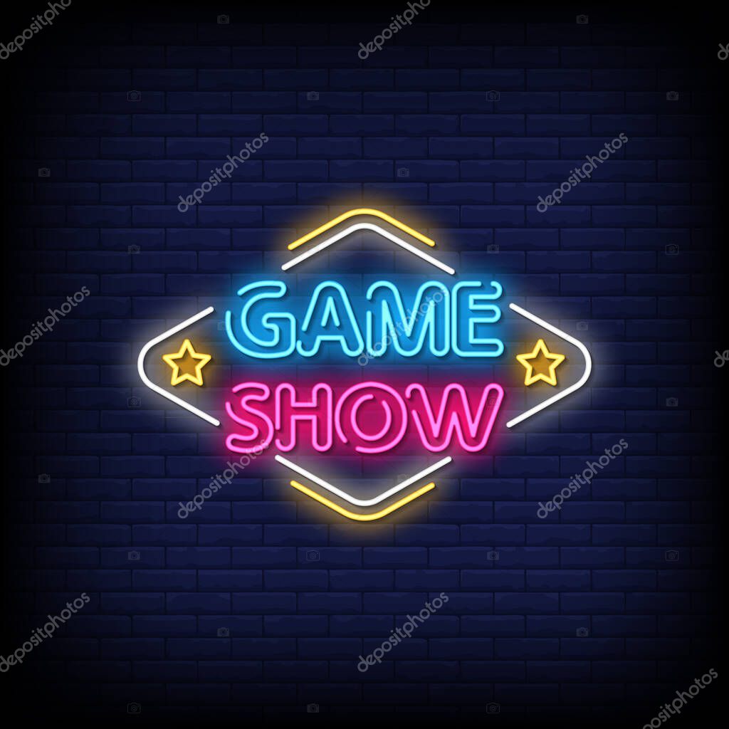 Game show neon lettering on dark blue brick wall
