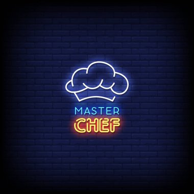 Neon ışıklı posterler, neon ışıklı levhalar, usta aşçı şapkalı LED ışıklı harfler.