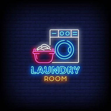 Neon rengi posterler, neon ışıkları, LED ışıklı harfler, çamaşır odası.