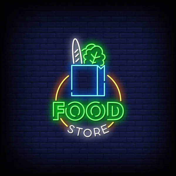 Food Store Neon Sign Κομψό Κείμενο Πολύχρωμη Διανυσματική Εικονογράφηση — Διανυσματικό Αρχείο